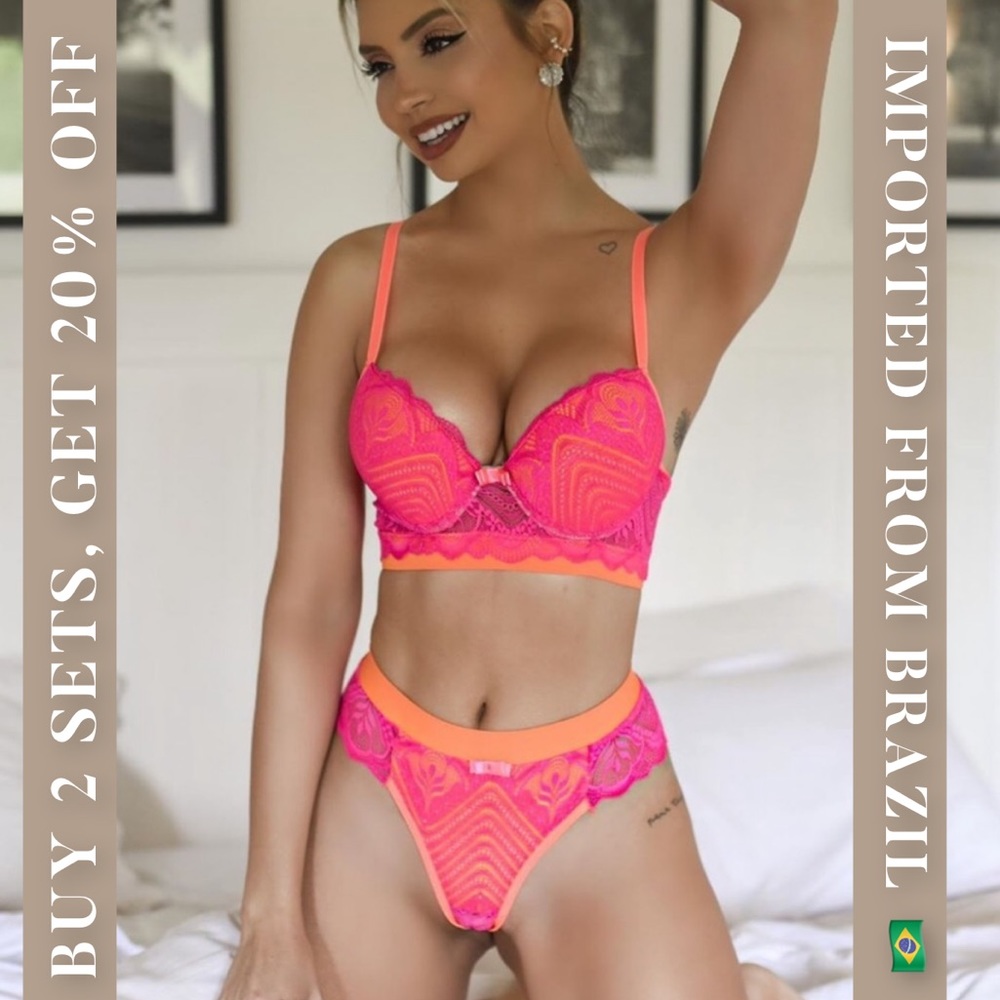 Neon lace push-up bra & thong panty - 2 piece set - Picture 2 of 15